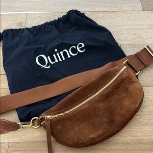 Quince Italian suede Sling Bag in whiskey with Gold Accents